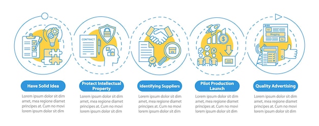 Start local production vector infographic template. solid idea. business presentation design elements. data visualization, five steps, options. process timeline chart. workflow layout, linear icons