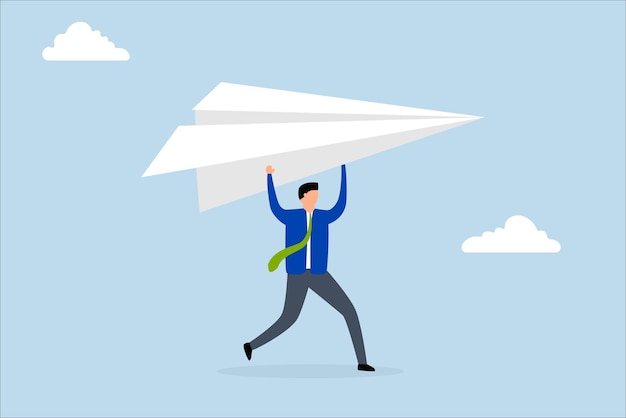 start new business ambitious businessman who launches large origami paper plane