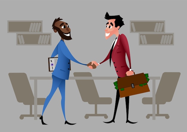 L'inizio di una partnership di imprenditori. personaggio dei cartoni animati. il partner stringe forte la mano dopo aver firmato un accordo di chiusura dell'affare. illustrazione di vettore di stile piano isolato su priorità bassa dell'ufficio.