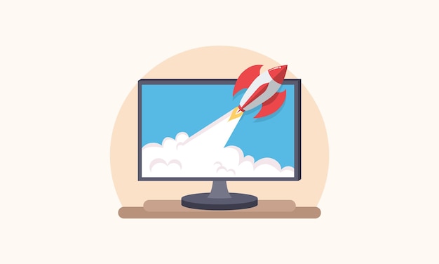 Vector start up banner with laptop rocket clouds vector illustration successful launch of startup