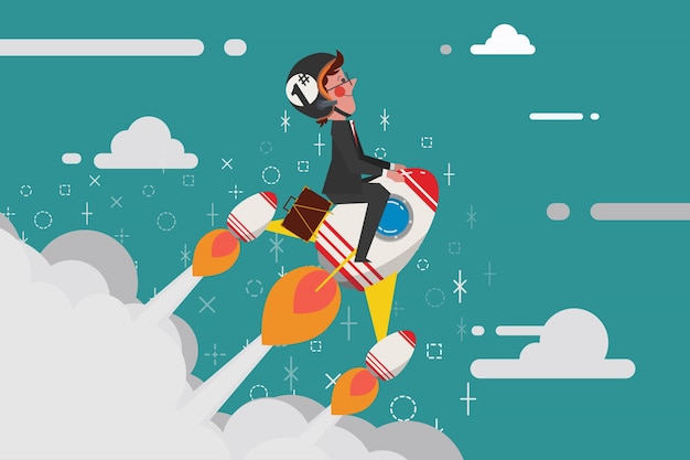 Start up business concept, young businessman riding a rocket into the sky, cartoon character design flat style