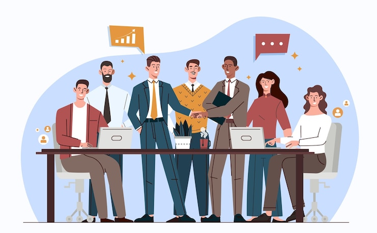 Vector start-up collega's concept man en vrouw werken aan een gemeenschappelijk bedrijf projectpartners brainstorms team
