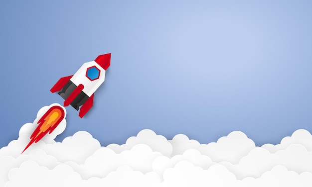 Start up concept with rocket with blank space i paper art style