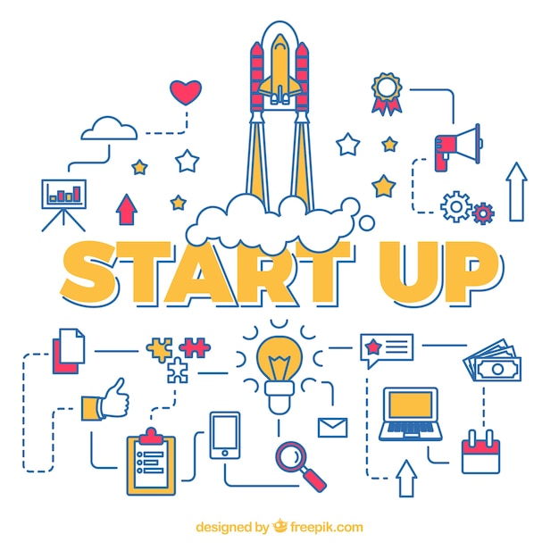 Start up concept con razzo con vari elementi