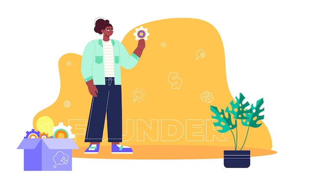 Start up founder Concept with young black man keyword and icon Flat vector illustration