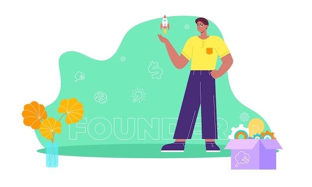 start up founder concept with young latin man keyword icons  flat vector illustration