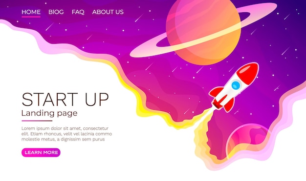 start up idea landing page screen, development technology, rocket banner. vector illustration