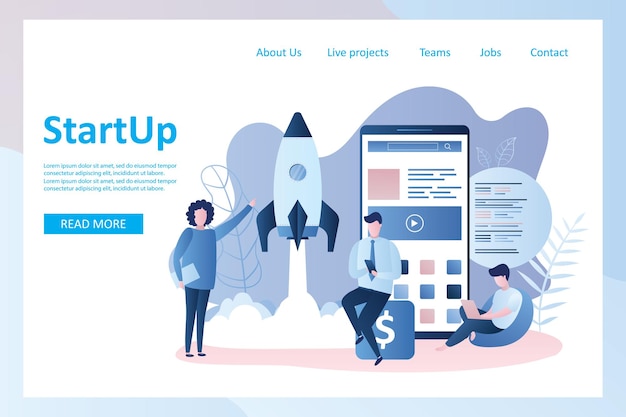 Vector start up landing page rocket take off teamwork and big mobile phone with application development