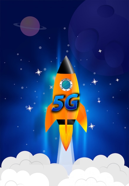 Start up rocket. smoke clouds. wireless network speed concept, 5g evolution.