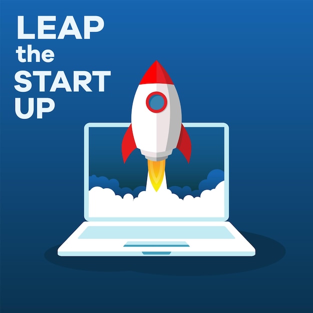 start up rocket vector illustration rocket jet make launch from laptop