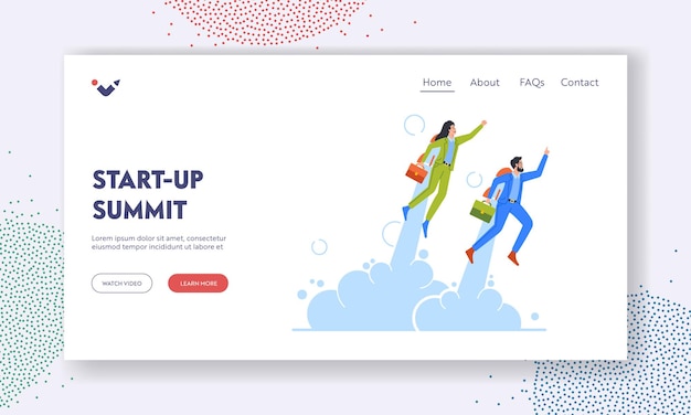 Vector start up summit landing page template couple of business man or woman characters flying with jet pack