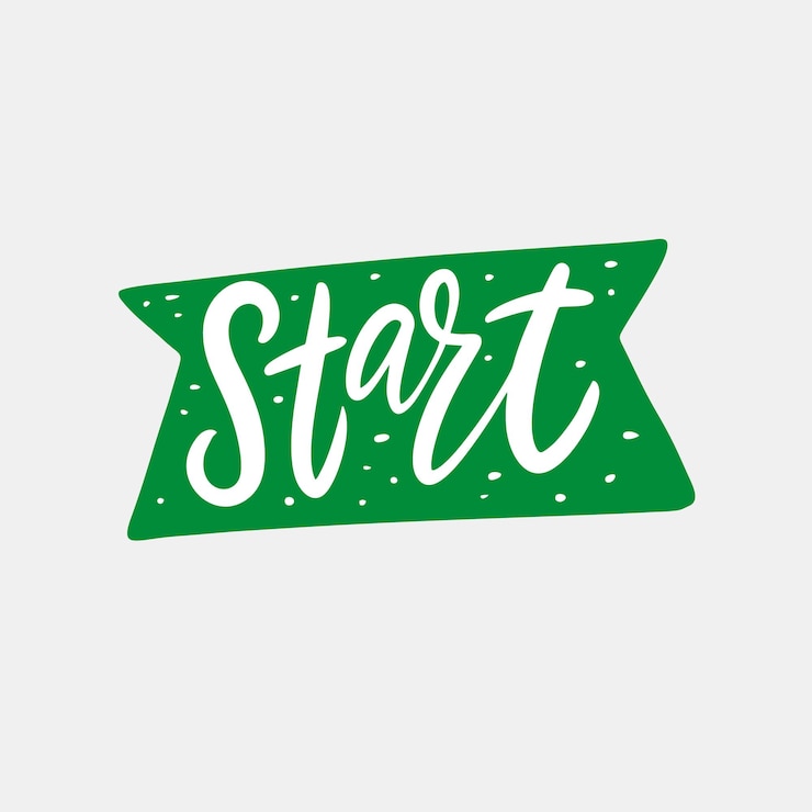 Vector start word. hand drawn green color lettering text on ribbon.
