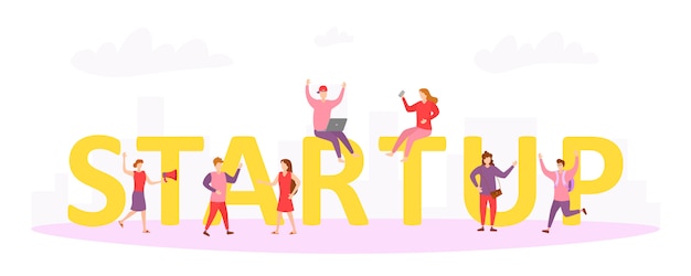 Startconceptenillustratie van bedrijfsmensen die als team werken om een bedrijf te beginnen. Strategie-activiteit voor mannen en vrouwen bij enorme belettering startup. Сharacters mensen in platte ontwerp. Vector.