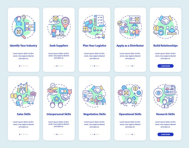 Starten van distributiebedrijf onboarding paginaschermset voor mobiele apps. Strategie walkthrough 5 stappen grafische instructies met concepten. UI, UX, GUI vectorsjabloon met lineaire kleurenillustraties
