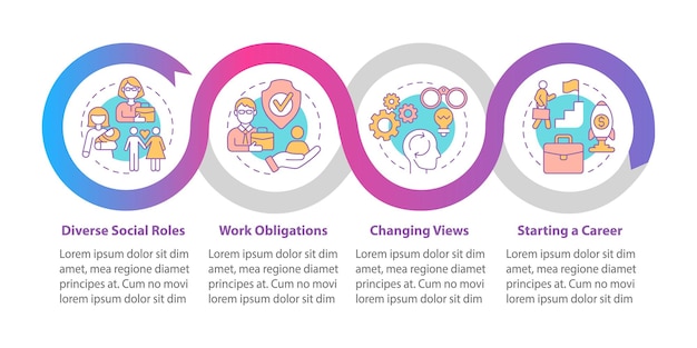 Starting a career vector infographic template. Changing views presentation outline design elements. Data visualization with 4 steps. Process timeline info chart. Workflow layout with line icons