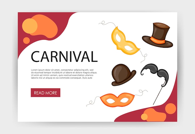 Startpaginasjabloon voor uw site met carnavalsattributen. Cartoon-stijl. Vector illustratie.