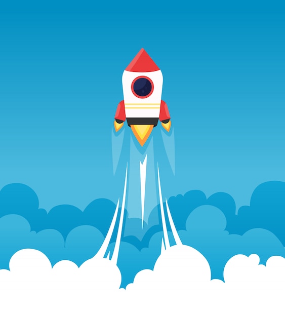 Startup background. rocket in cloudy fluffy sky goes to the moon business concept of launch startup project