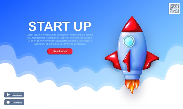 Startup banner with 3d cartoon rocket flying in blue sky with white clouds. Realistic spaceship