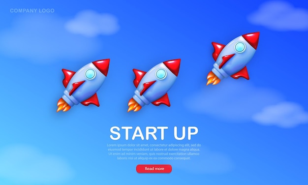 Startup banner with three cartoon glossy rockets flying in blue sky with white fluffy clouds.