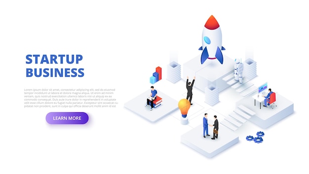 Vector startup business design concept with people rocket and astronaut isometric vector illustration