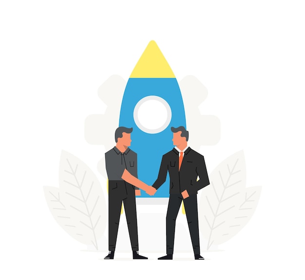 startup business illustration businessmen make a contract before the rocket innovation technology start up spaceship launch to the sky