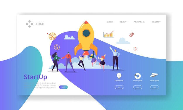 Startup Business Landing Page. New Project Banner with  People Characters Launching Rocket Website Template. 