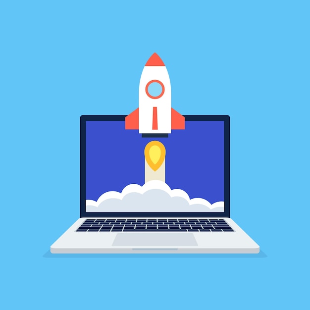 Startup business project concept with red rocket launch from laptop screen on blue background