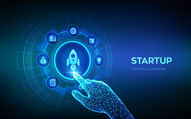 Startup business start up idea attraverso la pianificazione e la strategia venture business di investimento e concetto di sviluppo sullo schermo virtuale interfaccia digitale toccante della mano robotica