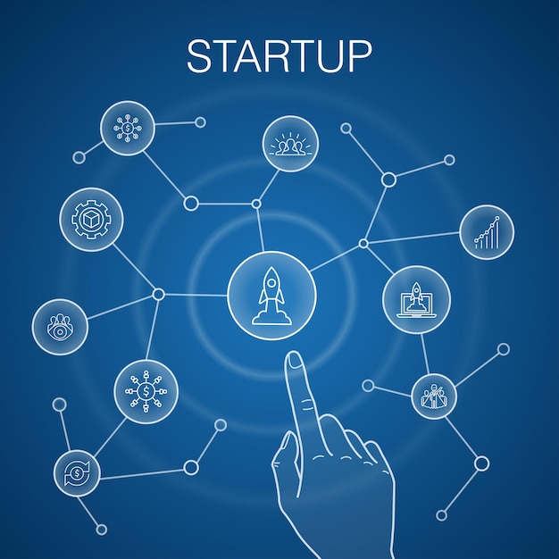 Startup concept, blue background. crowdfunding, business launch, motivation, product development   icons