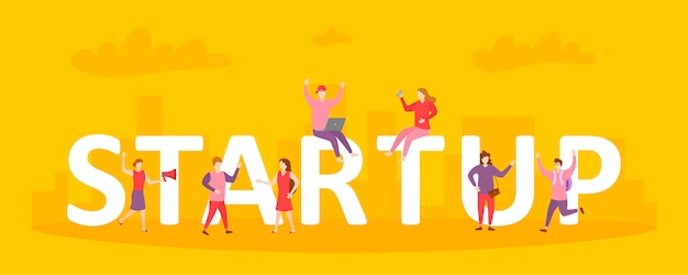 Startup concept illustration of business people working as a team to start a business.Men and women strategy activity among huge lettering startup.Сharacters people in flat design.Vector illustration