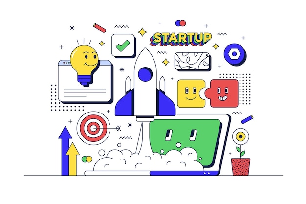 Startup concept Laptop rocket and related icons Flat line 90s cartoon style Vector illustration