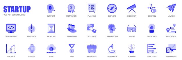 Vector startup concept of web icons set in simple flat design pack of support motivation planning launch development precision deadline teamwork win and other vector blue pictograms for mobile app