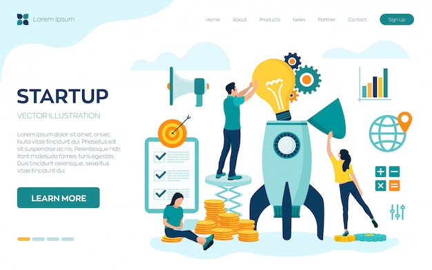 Startup concept with spaceship. Teamwork in the start up landing page