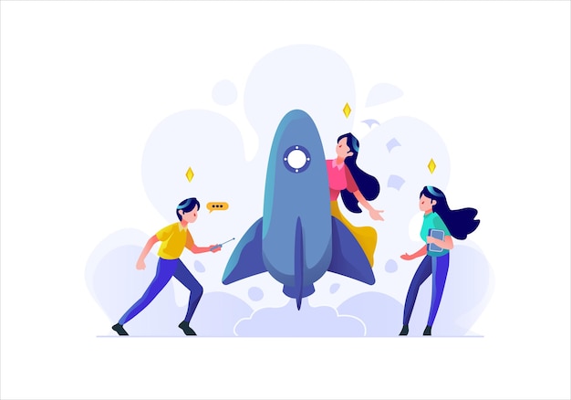 Vector startup developer rocket development setting people character flat design style illustration