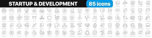 Startup and development line icons collection Business concept strategy vision rocket icons UI icon set Thin outline icons pack Vector illustration EPS10