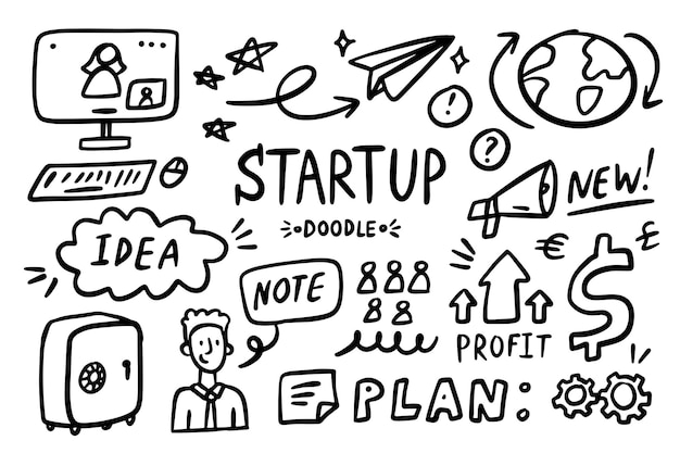 Startup doodle vector set Sketch outline business strategy icons Drawing element silhouette