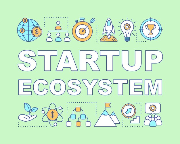 Startup ecosystem word concepts banner. New business support organizations. Grant program. Presentation, website. Isolated lettering typography idea with linear icons. Vector outline illustration