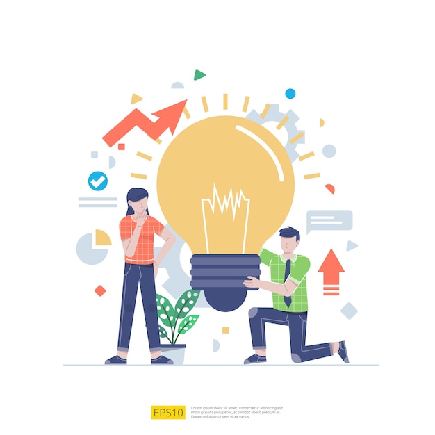 Startup employees teamwork. Business concept illustration of brainstorming, development, innovative, research discussion to each other. men and women scenes at office working with light bulb lamp