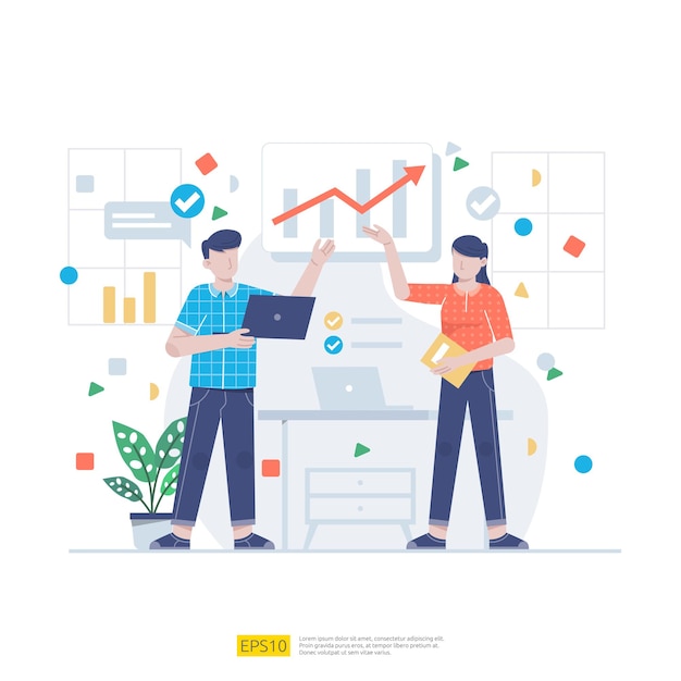 Startup employees teamwork. men and women scenes at office working and make some planning. Business concept illustration of brainstorming, meeting, negotiation, talking to each other