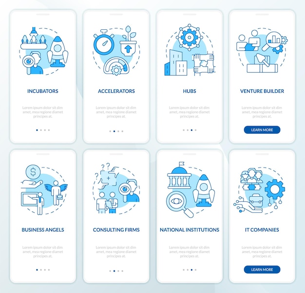 Startup financing options blue onboarding mobile app screen set