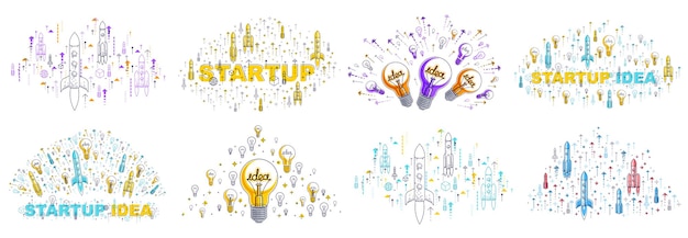 Vector startup idea business concepts vector illustrations set image collection with rocket launch and light bulbs and a lot of different icons and symbols