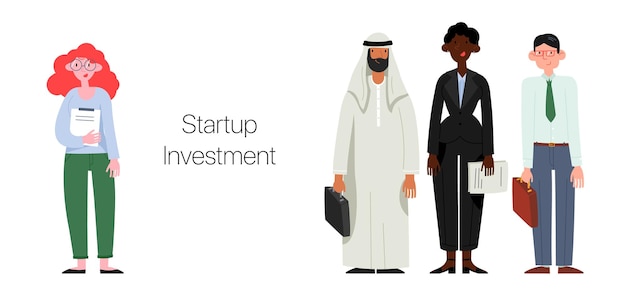 スタートアップ投資。起業家と投資家を描いたキャラクターのグループ