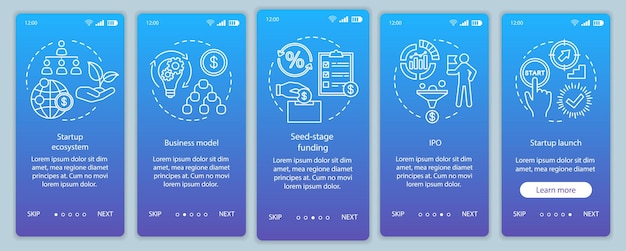 スタートアップ投資オンボーディングモバイルアプリページ画面ベクトルテンプレート