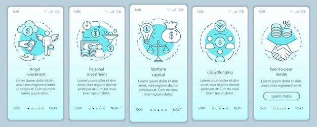 선형 개념으로 모바일 앱 페이지 화면을 온보딩하는 스타트업 투자. 사업 자금, 예산. 연습 단계 그래픽 지침. 삽화가 있는 Ux, Ui, Gui 벡터 템플릿