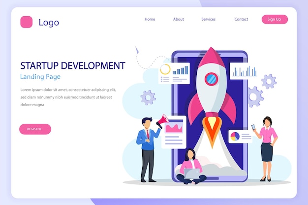 Startup launch concept processo di sviluppo innovazione prodotto idea creativa landing page sito web template vettoriale piatto