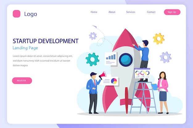 Vector startup launch concept development process innovation product creative idea landing page website flat vector template