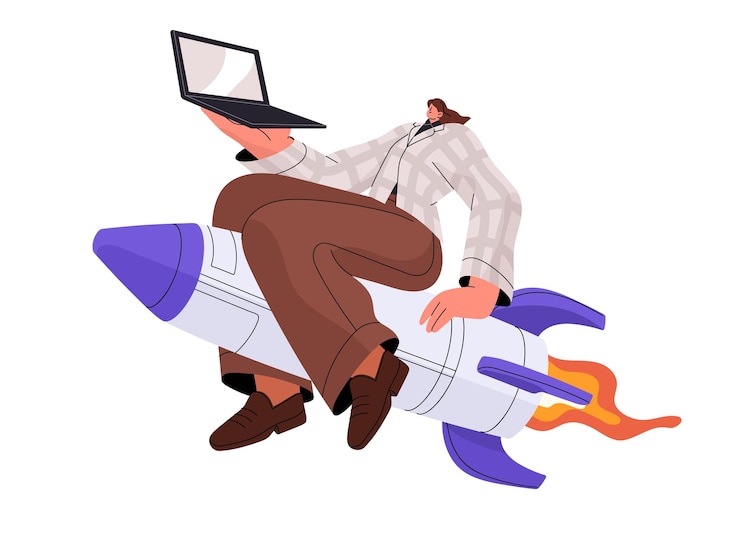 Vector startup launch concept success of project development management employee starts up business reaching to win businesswoman with laptop flies by rocket flat isolated vector illustration on white