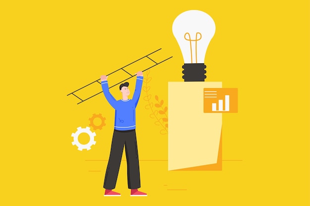 Startup and launch new business modern flat concept. businessman generates new ideas, analyzes data, climbs career ladder, goal achievement. vector illustration with people scene for web banner design