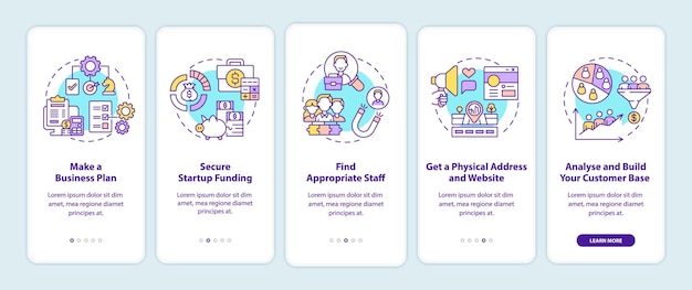 startup launch steps onboarding mobile app page screen. starting business walkthrough 5 steps graphic instructions with concepts. ui, ux, gui vector template with linear color illustrations