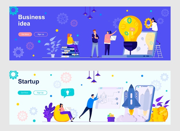 Vector startup launching landing page set